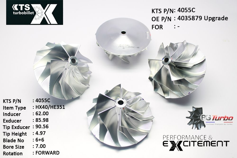 Turbo ROUE FORGÉE MFS PERFORMANCE - 6+6 PALES - INDUCER : 62 - EXDUCER : 85,98 - TYPE : HX40/HE351ANGLE : 40° - ROTATION : Forward - SUPER BACK : 4,96 - BORE SIZE : 7
